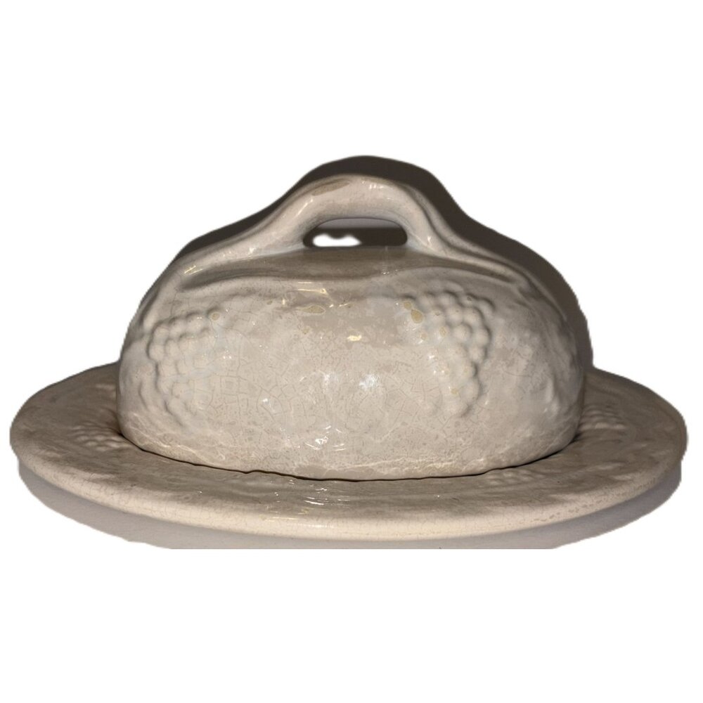 NOTE Vintage Handmade Ceramic Butter Dish White Crackle Glaze Grapevine Design